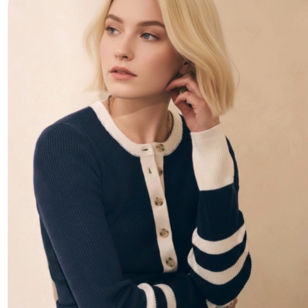 Faherty - women’s Mikki Henley navy white sweater organic cotton cashmere top L